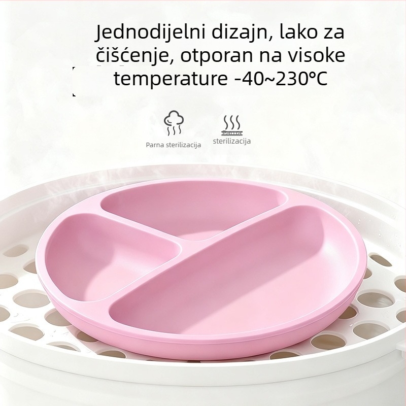Dječji silikonski tanjur s usisnom podlogom — silikon za hranu, otporan na visoke temperature, tanjur s odjeljcima