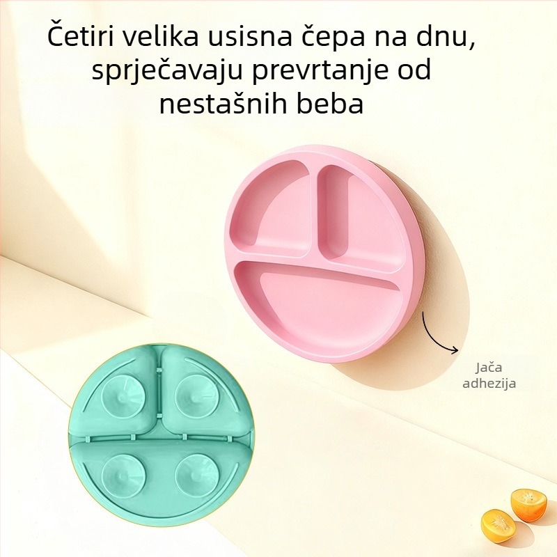 Dječji silikonski tanjur s usisnom podlogom — silikon za hranu, otporan na visoke temperature, tanjur s odjeljcima