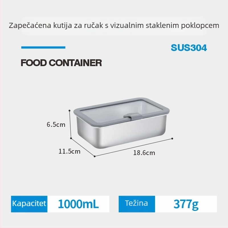 Kutija za ručak od 304 nehrđajućeg čelika sa staklenim poklopcem za mikrovalnu, pravokutna, hermetički zatvara