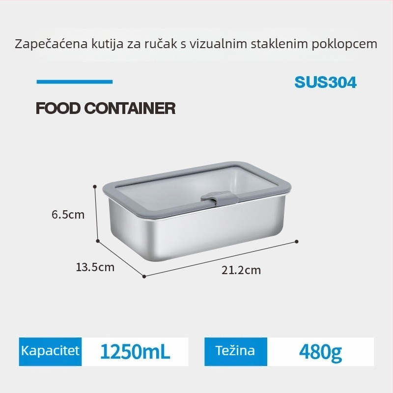Kutija za ručak od 304 nehrđajućeg čelika sa staklenim poklopcem za mikrovalnu, pravokutna, hermetički zatvara