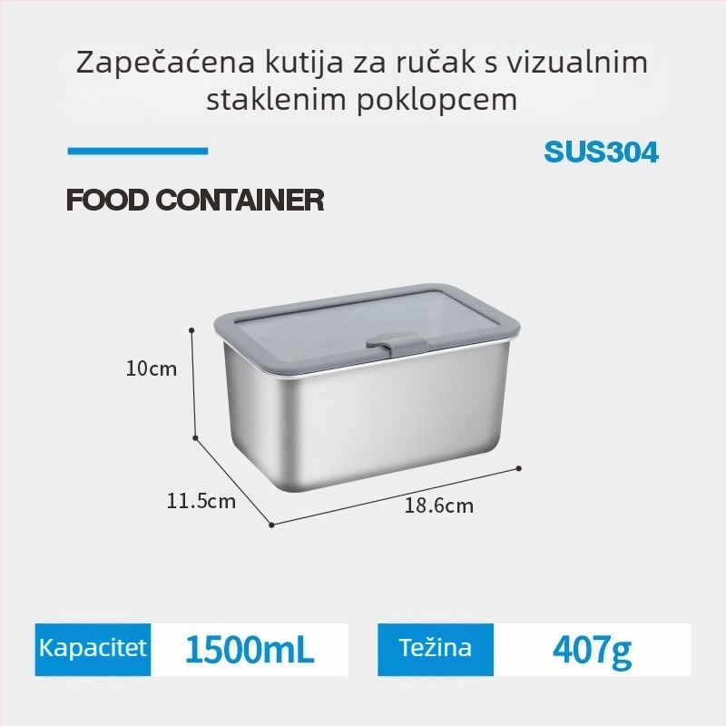 Kutija za ručak od 304 nehrđajućeg čelika sa staklenim poklopcem za mikrovalnu, pravokutna, hermetički zatvara