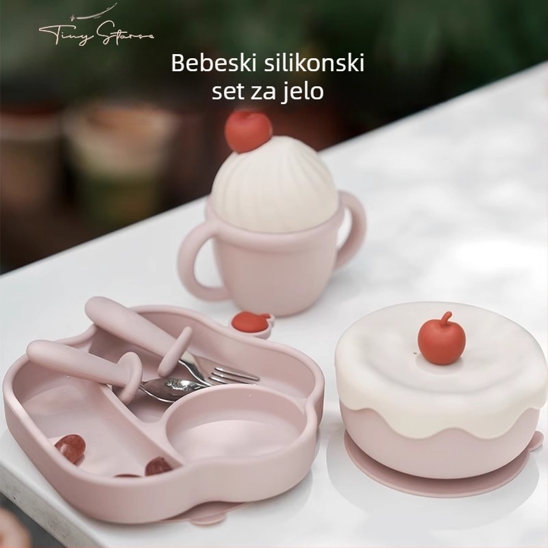 Silikonski set posuđa za bebe: tanjur s usisnom podlogom, nož i vilica, bavica i čaša sa slamkom