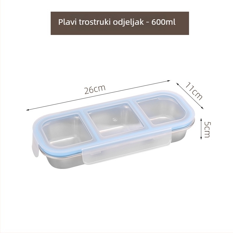 Bento kutija za obrok od 304 nehrđajućeg čelika, 2–3 odjeljka, pravokutna, 501–800 ml, mikrovalna kompatibilna, zatvorena i otporna na mirise