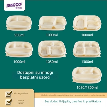Jednokratna kutija za obrok od kukuruznog škroba s 3/4/5 odjeljaka, biološki razgradiva, moguć otisak logotipa