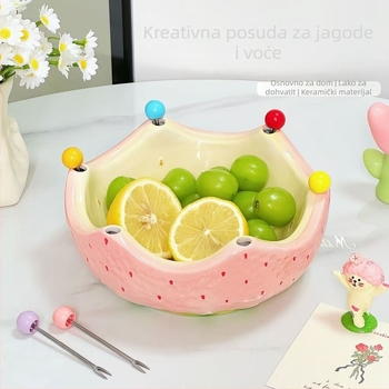 Jahodasti porcelanski set zdjela i vilica za voće, za odrasle, jednostavan stil