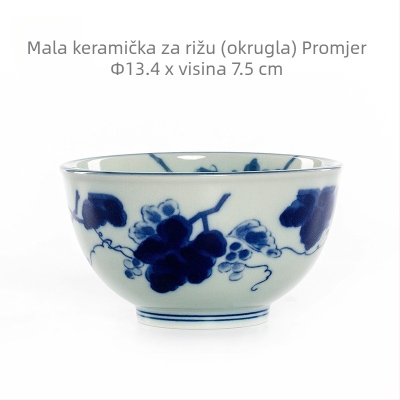 Porcelanski set posuđa – nepravilni tanjuri i zdjele, plavi grozdni cvjetni uzorak ispod glazure, pogodno za mikrovalnu