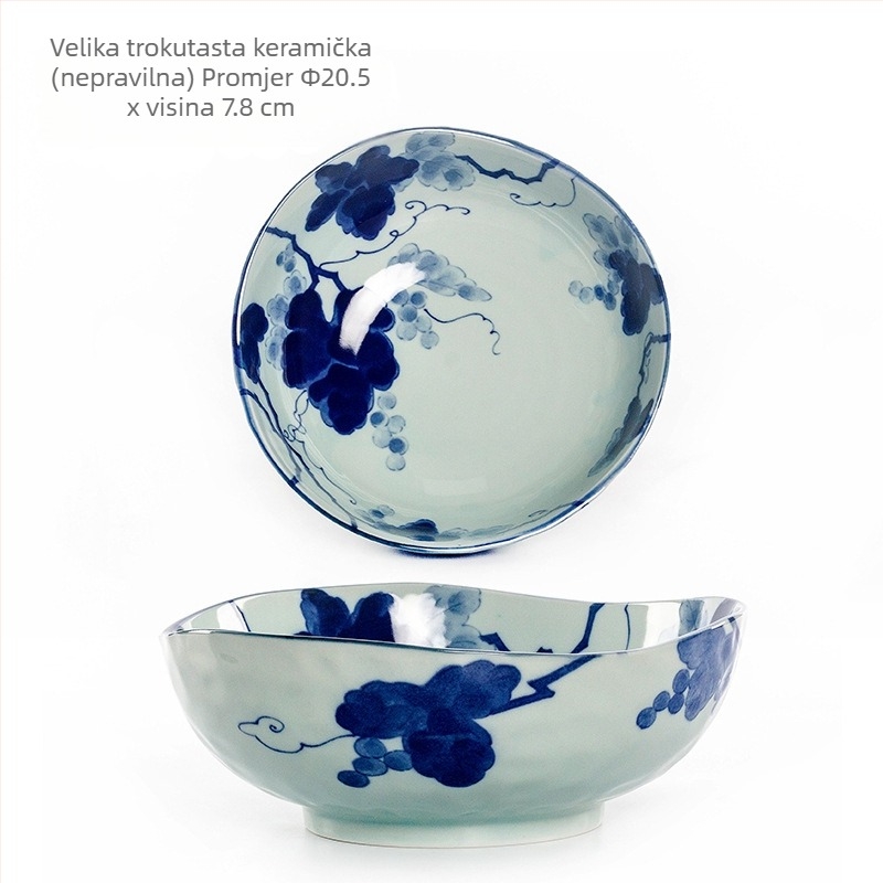 Porcelanski set posuđa – nepravilni tanjuri i zdjele, plavi grozdni cvjetni uzorak ispod glazure, pogodno za mikrovalnu