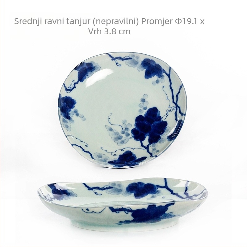 Porcelanski set posuđa – nepravilni tanjuri i zdjele, plavi grozdni cvjetni uzorak ispod glazure, pogodno za mikrovalnu