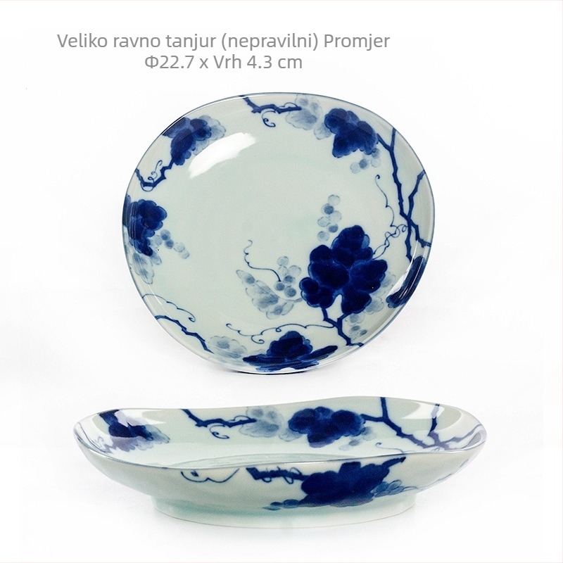Porcelanski set posuđa – nepravilni tanjuri i zdjele, plavi grozdni cvjetni uzorak ispod glazure, pogodno za mikrovalnu