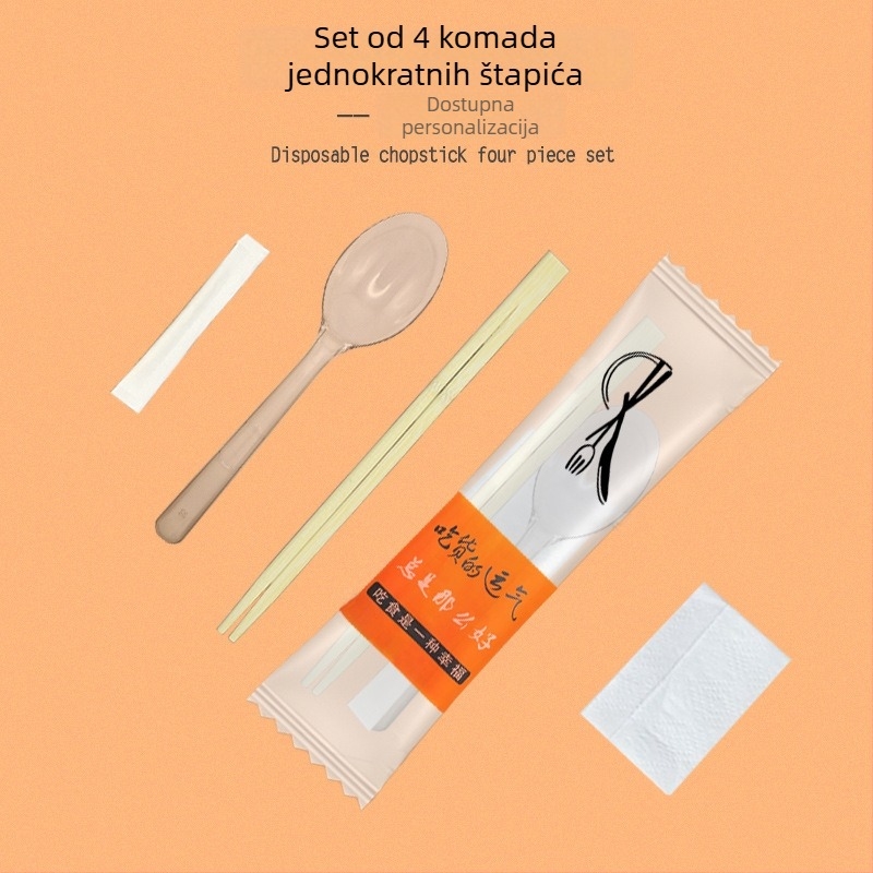 Set pribora za dostavu, europski stil, 4 komada, jednokratne žličice i štapići za jelo, plastični s Nanmu bambusom, mikrovalna sigurna, moguć tisak logotipa