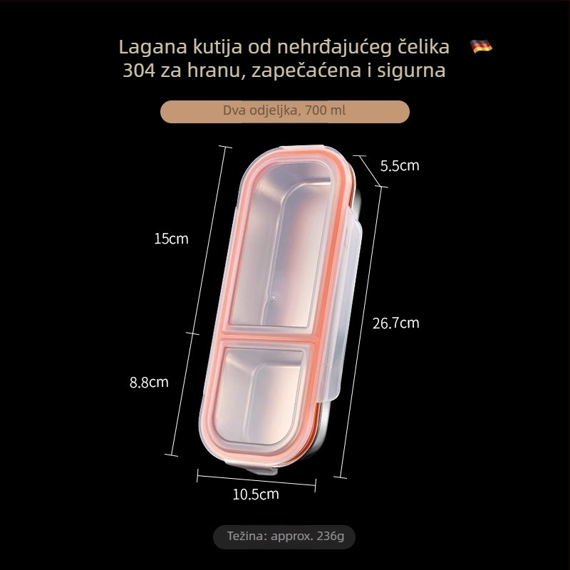 Kutija za ručak od nehrđajućeg čelika 304, s tri odjeljka, zatvorena i prenosna, kapacitet 800-1000 ml, jednoslojna