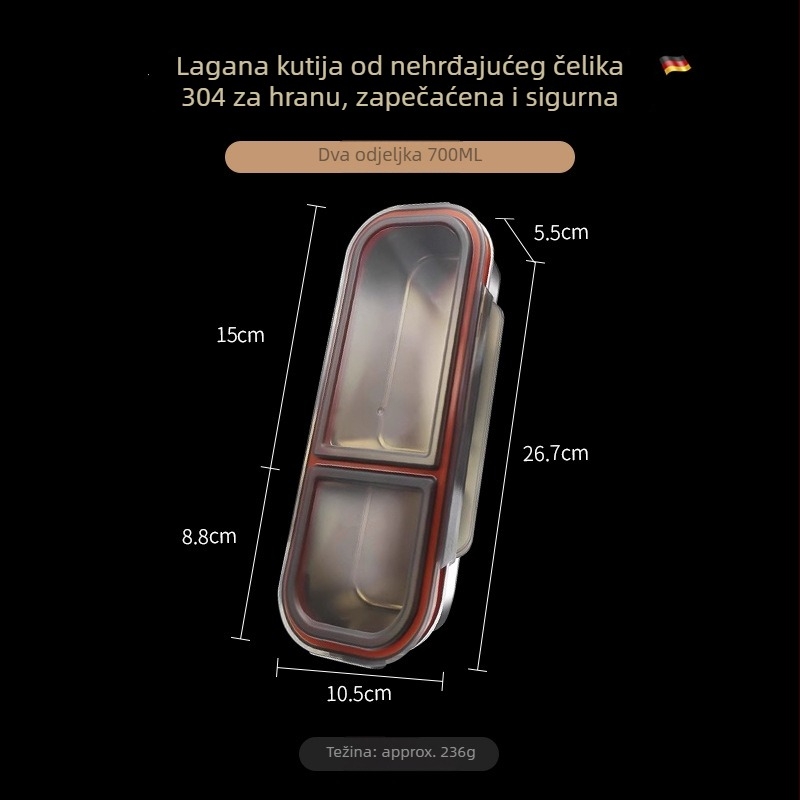 Kutija za ručak od nehrđajućeg čelika 304, s tri odjeljka, zatvorena i prenosna, kapacitet 800-1000 ml, jednoslojna