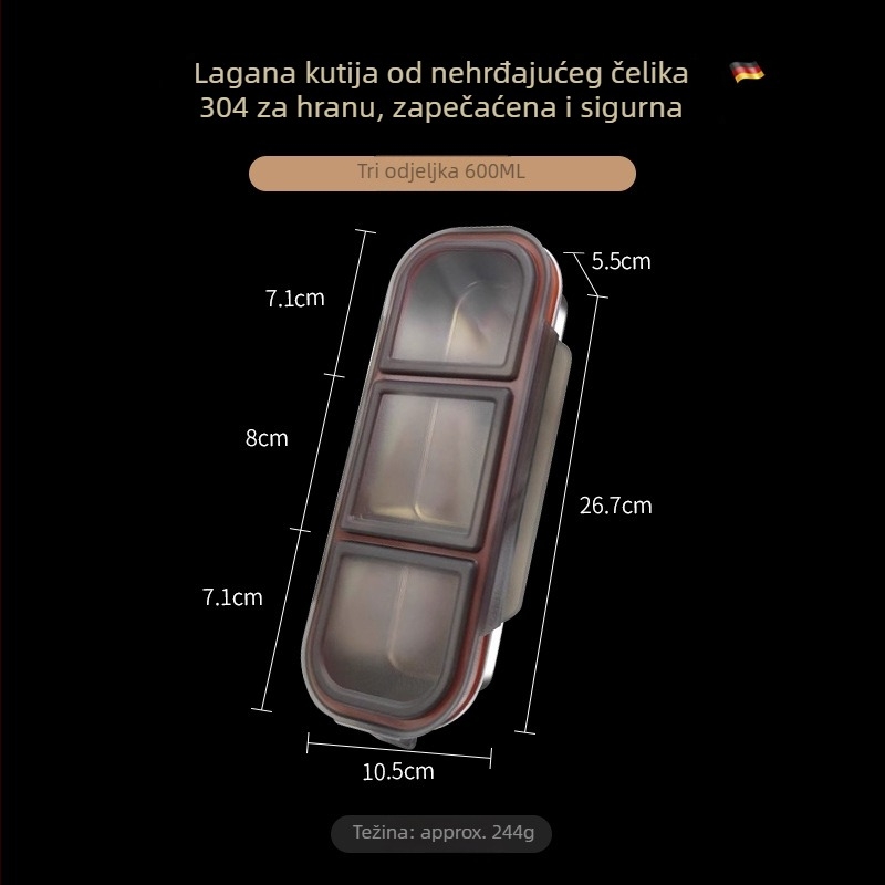 Kutija za ručak od nehrđajućeg čelika 304, s tri odjeljka, zatvorena i prenosna, kapacitet 800-1000 ml, jednoslojna