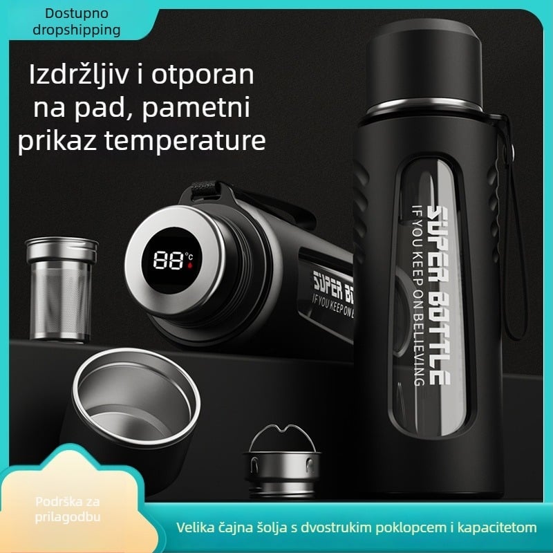 Dvostruko-staklena šalica za čaj s odjeljivanjem čaja i vode, toplinski otporna, s inteligentnim mjerenjem temperature i filtrom