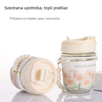 Staklena čaša s drškom — dvodijelni set, soda-lime staklo, vodonepropusna i toplinska izolacija, sa slamkom i trakom za nošenje, mogućnost prilagodbe logotipa