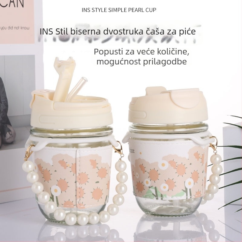 Staklena čaša s drškom — dvodijelni set, soda-lime staklo, vodonepropusna i toplinska izolacija, sa slamkom i trakom za nošenje, mogućnost prilagodbe logotipa