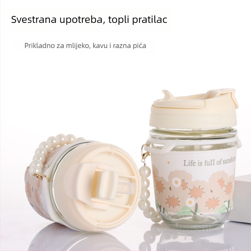 Staklena čaša s drškom — dvodijelni set, soda-lime staklo, vodonepropusna i toplinska izolacija, sa slamkom i trakom za nošenje, mogućnost prilagodbe logotipa