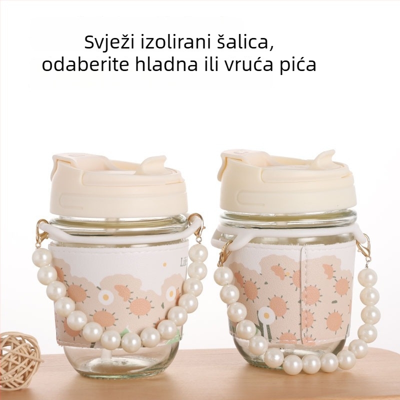 Staklena čaša s drškom — dvodijelni set, soda-lime staklo, vodonepropusna i toplinska izolacija, sa slamkom i trakom za nošenje, mogućnost prilagodbe logotipa