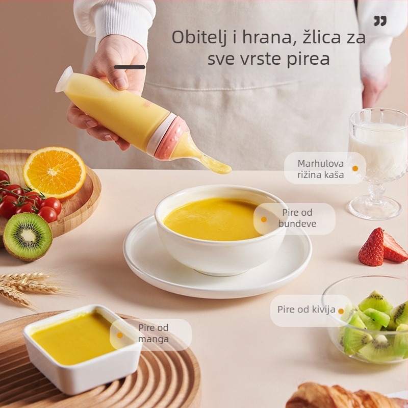 Dječja silikonska žlica za hranjenje — mekana i stisljiva, kompatibilna s bočicom, za rižinu kašu (od 3 mjeseca)