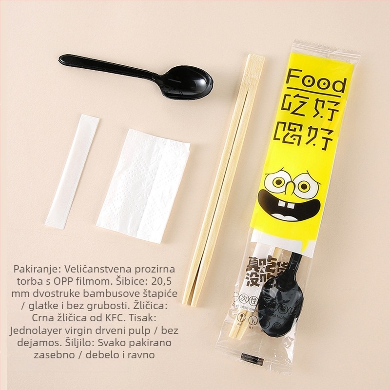 Set pribora od bambusa za jednokratnu upotrebu: štapići i žlica, četiri dijela, okrugli oblik, četiri u jednom, prilagodljivo, pakiranje 500 kom.