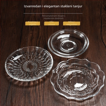 Staklena šalica za kavu s tanjurićem za grickalice – nepravilni oblik, retro stil, jednofarbni uzorak, tiskano logo
