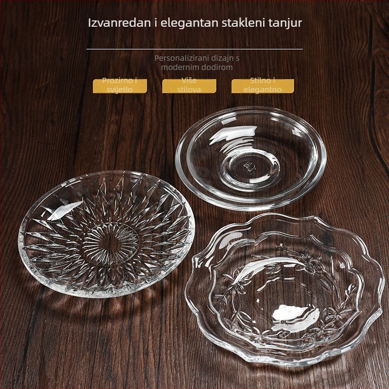 Staklena šalica za kavu s tanjurićem za grickalice – nepravilni oblik, retro stil, jednofarbni uzorak, tiskano logo