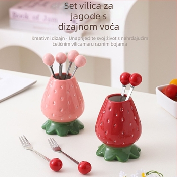 Set vilica za voće s temom jagode, nehrđajući čelik, crtani uzorak, za djecu, svjež i sladak stil