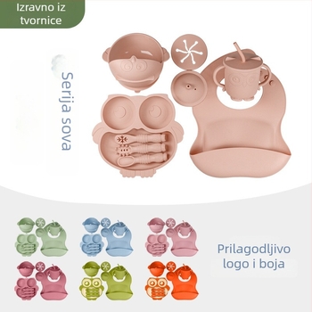 Silikonski set posuđa za djecu s dizajnom sove i podijeljenim tanjurićem, 12 komada, kutija za prašak mlijeka s tri odjeljka, pogodno za djecu od 3 mjeseca