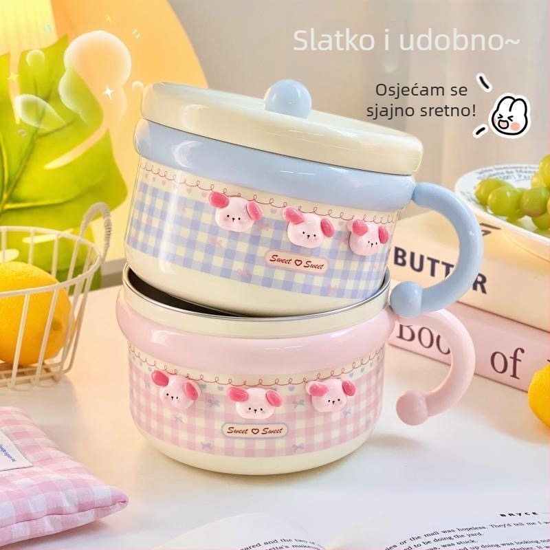 Instant zdjela za nudle od 304 nehrđajućeg čelika, s poklopcem, velika zapremina, karirani uzorak, moderni minimalistički stil
