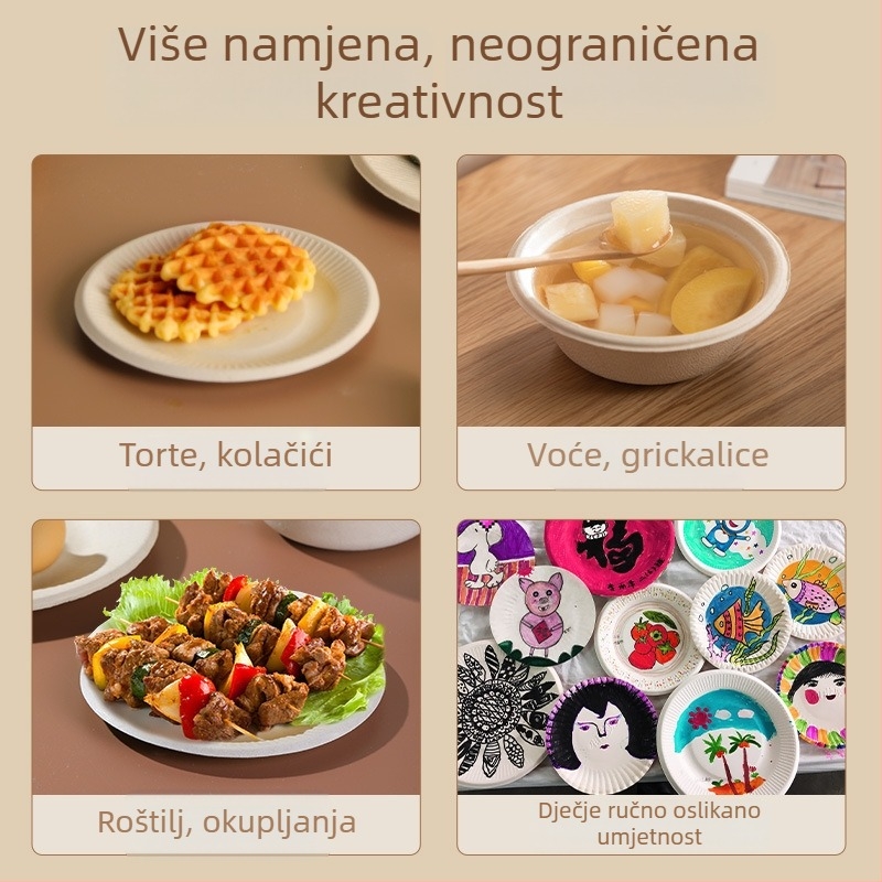 Jednokratno papirnato posuđe: zdjele, tanjuri i pladnjevi – kružni oblik – biološki razgradivo – Camellia