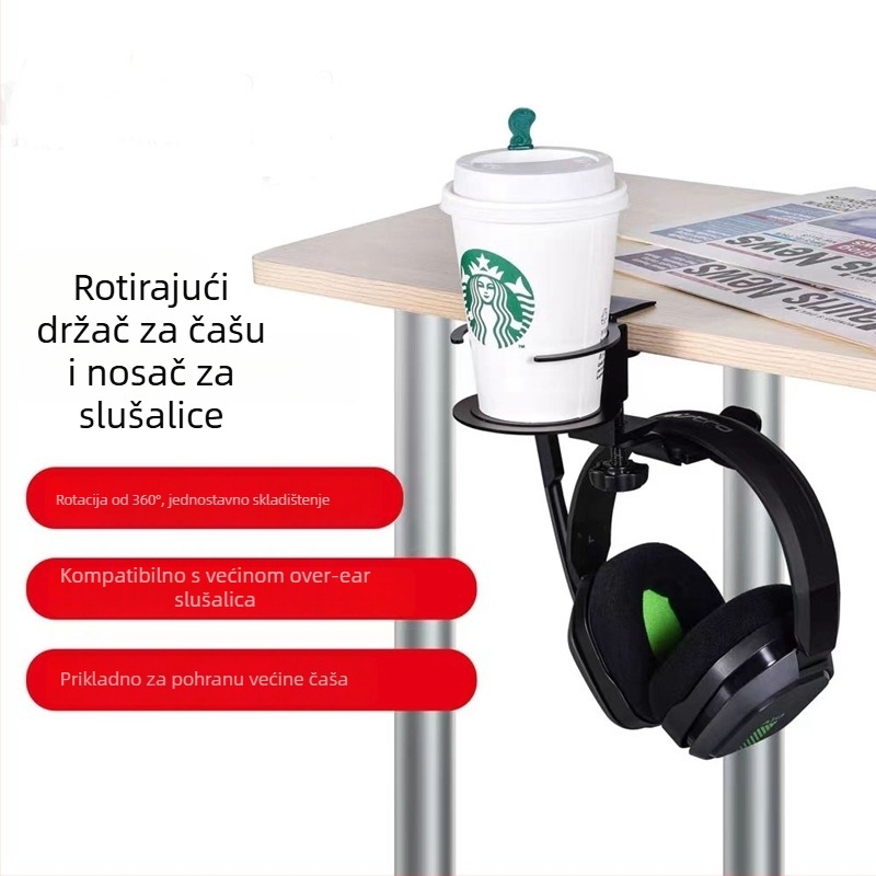 Željezni višefunkcionalni držač za čašu s 360° rotirajućim nosačem za slušalice, bez bušenja, montaža na rub stola, težina 0,35 kg