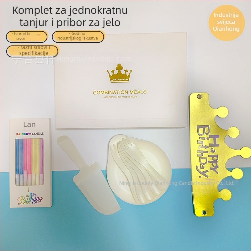 Jednokratni set pribora za tortu – četiri u jednom: okrugla posuda s dizajnom kapljice vode, valovite vilice, žlice i debele noževe