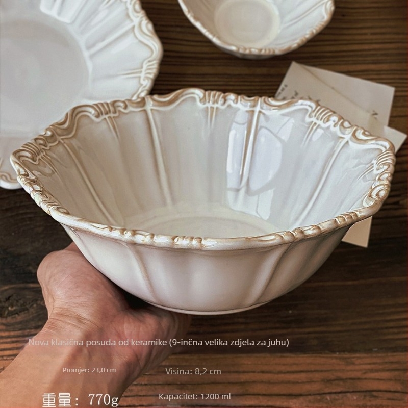 Porcelanska zdjela s neoklasičnim reljefom, jednobojna, retro stil, pogodna za mikrovalnu