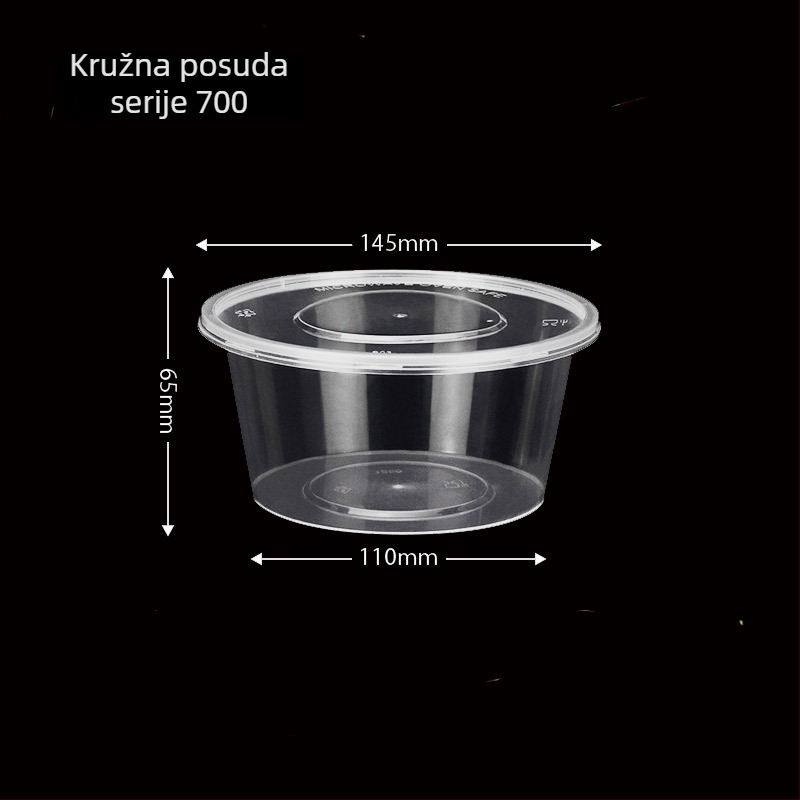 Jednokratna okrugla posuda, injekcijski oblikovana, prozirna, mikrovalna sigurna, s tiskanim logom, prilagodljiva