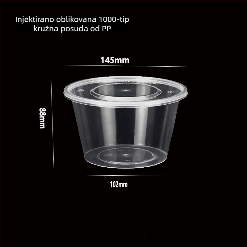 Jednokratna okrugla posuda, injekcijski oblikovana, prozirna, mikrovalna sigurna, s tiskanim logom, prilagodljiva