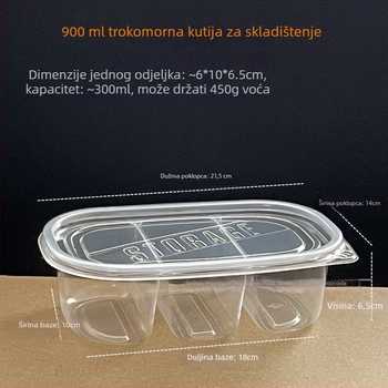 Jednokratna kutija za voće s tri odjeljka, kapacitet 900 ml, plastika, mikrovalno sigurna, prehrambena kvaliteta, licenca Zhexk16-204-02016