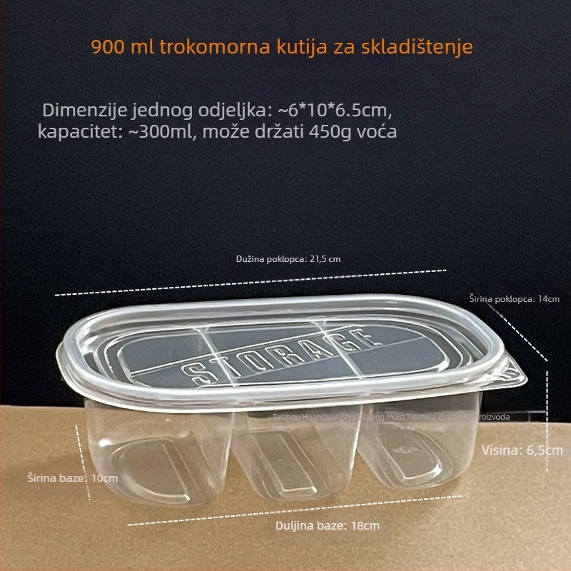 Jednokratna kutija za voće s tri odjeljka, kapacitet 900 ml, plastika, mikrovalno sigurna, prehrambena kvaliteta, licenca Zhexk16-204-02016