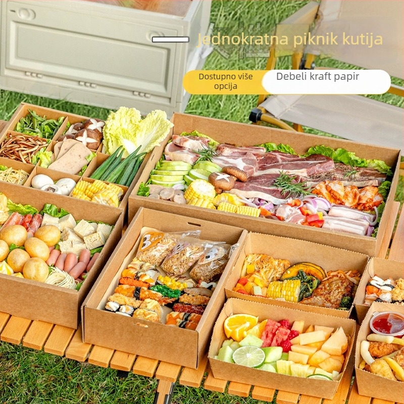 Jednokratna kutija za obrok za piknik i kampiranje, pravokutni Kraft papir, ispis logotipa, prilagodba obrade dostupna, nije pogodna za mikrovalnu