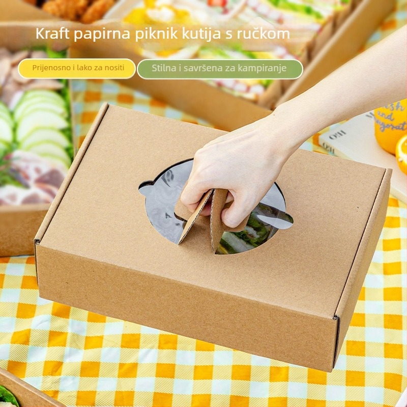 Jednokratna kutija za obrok za piknik i kampiranje, pravokutni Kraft papir, ispis logotipa, prilagodba obrade dostupna, nije pogodna za mikrovalnu