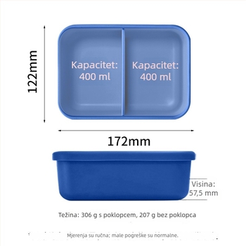 Dvokomorna silikonska kutija za ručak s poklopcem, prehrambene kvalitete silikona, mikrovalna sigurnost, kapacitet 501-800 ml, moguć tisak logotipa