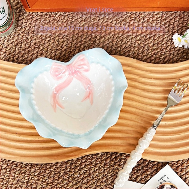 Ceramska zdjela u obliku srca, ručno oslikan motiv ljubavi, čipkasti mašnica, svježi i slatki stil, mikrotalasno sigurna