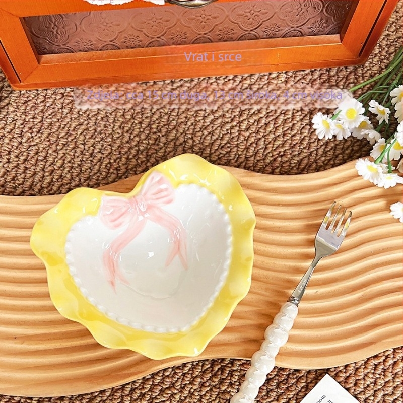Ceramska zdjela u obliku srca, ručno oslikan motiv ljubavi, čipkasti mašnica, svježi i slatki stil, mikrotalasno sigurna