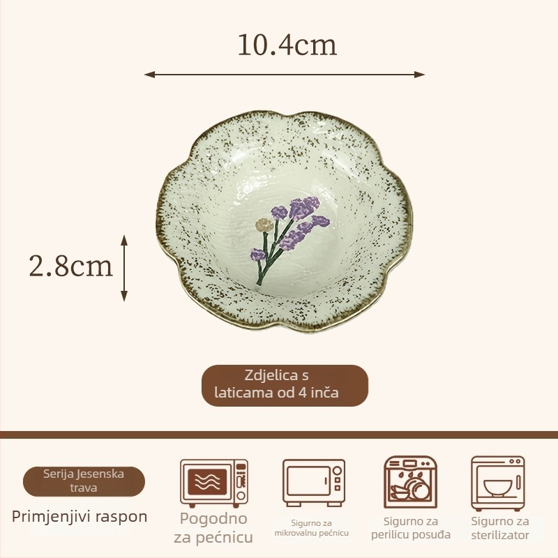 Keramički set posuđa s cvjetnim motivom — zdjele i tanjuri nepravilnog oblika, dekor ispod glazure, lagani retro luksuzni stil