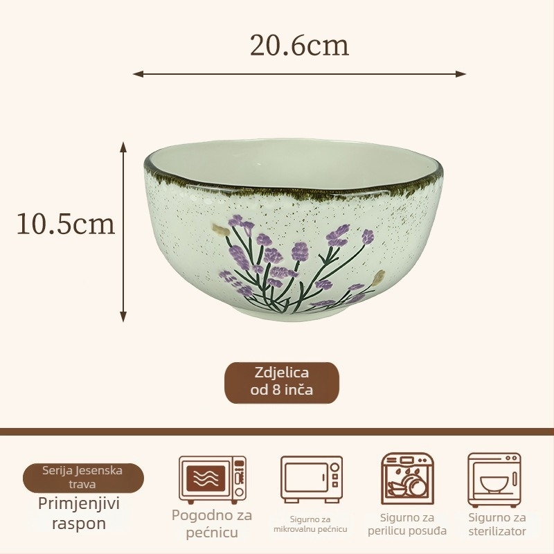 Keramički set posuđa s cvjetnim motivom — zdjele i tanjuri nepravilnog oblika, dekor ispod glazure, lagani retro luksuzni stil