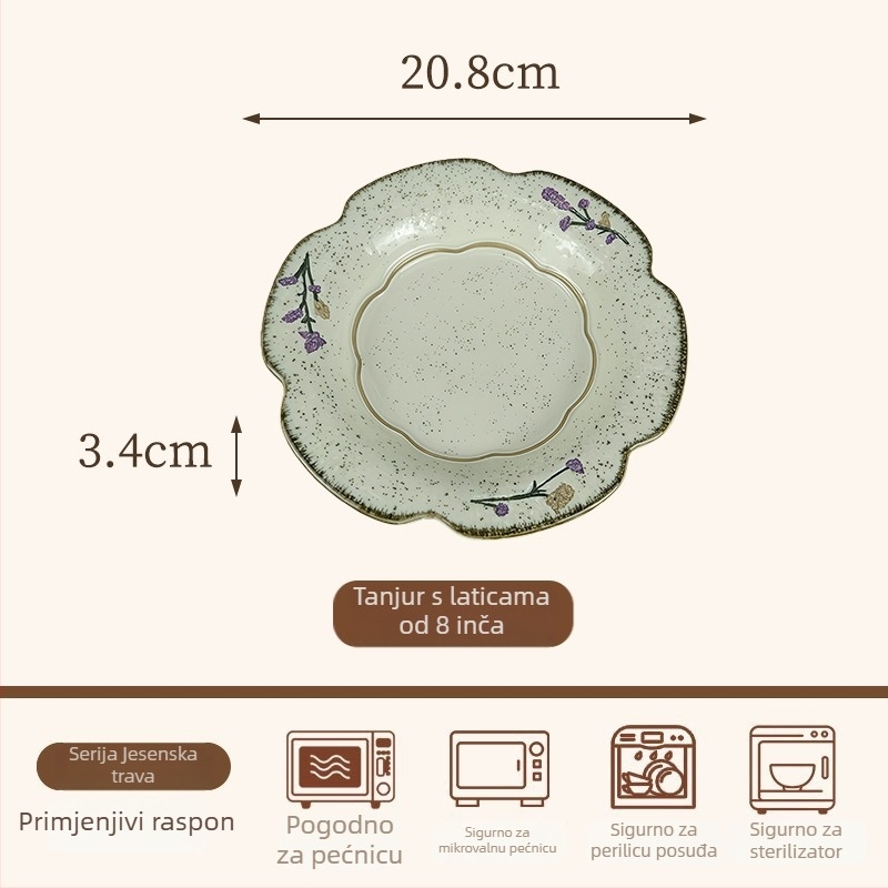 Keramički set posuđa s cvjetnim motivom — zdjele i tanjuri nepravilnog oblika, dekor ispod glazure, lagani retro luksuzni stil