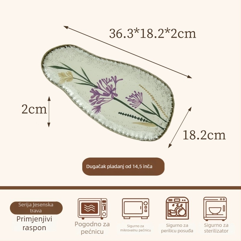 Keramički set posuđa s cvjetnim motivom — zdjele i tanjuri nepravilnog oblika, dekor ispod glazure, lagani retro luksuzni stil
