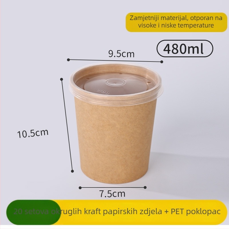 Jednokratna zdjela od kraft papira s okruglim poklopcem – kapacitet 750 ml, standardna debljina, nerazgradivo