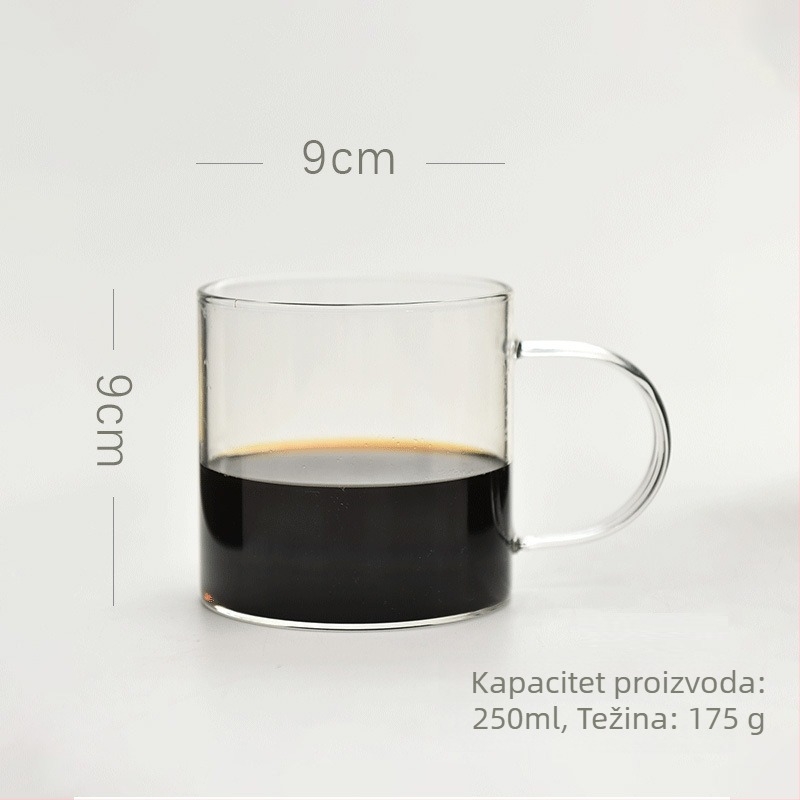 Set staklenih šalice za kavu, otporan na visoke temperature, s držalom, cilindričnog oblika
