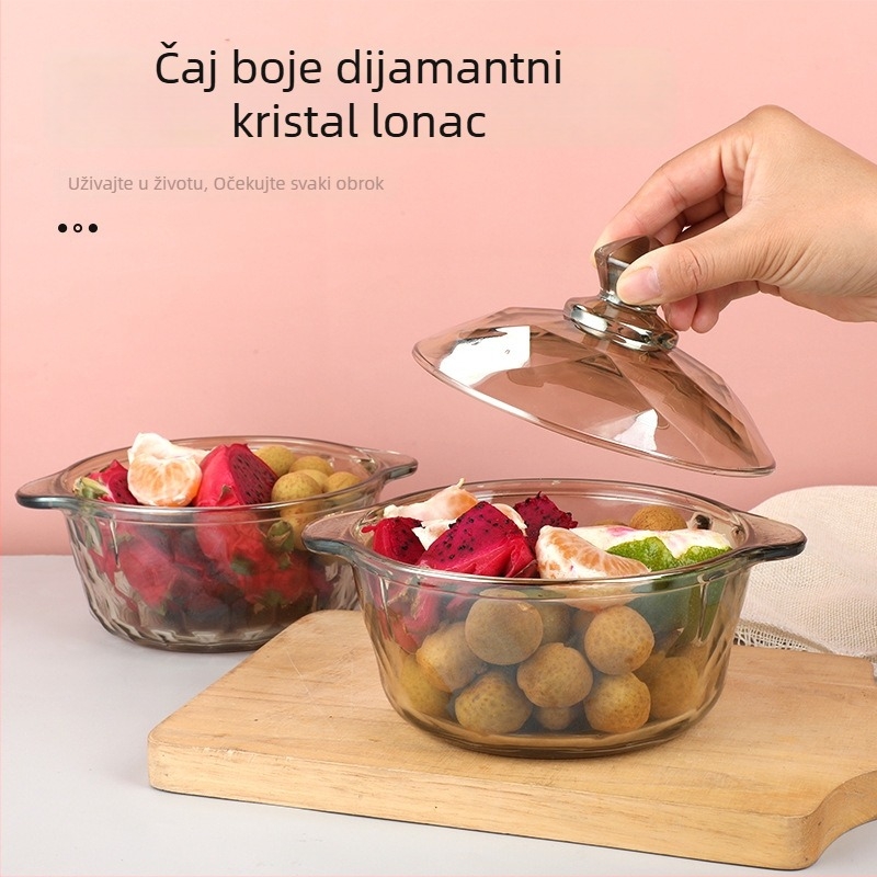 Staklena zdjela s poklopcem, s dvostrukim držačima, pogodna za mikrovalnu, nordijski minimalistički stil, elektroplatirana površina.