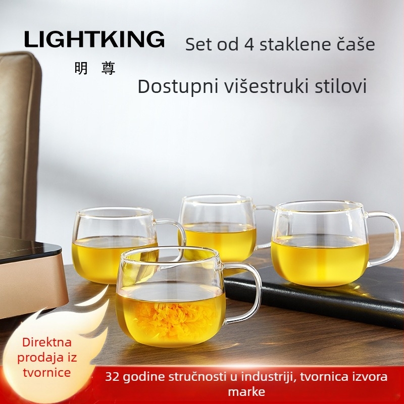 Mingzun set od 4 čaše od termootpornog stakla s držačem — prozirne čaše za čaj, vodu, mlijeko i malu kavu, za kućnu upotrebu.